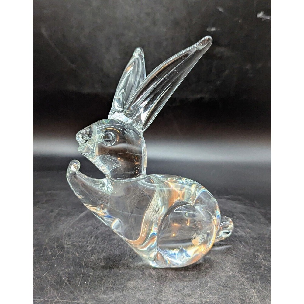 Vintage FM Konstaglas Clear Art Glass Rabbit Bunny Figurine Sculpture 7.25"